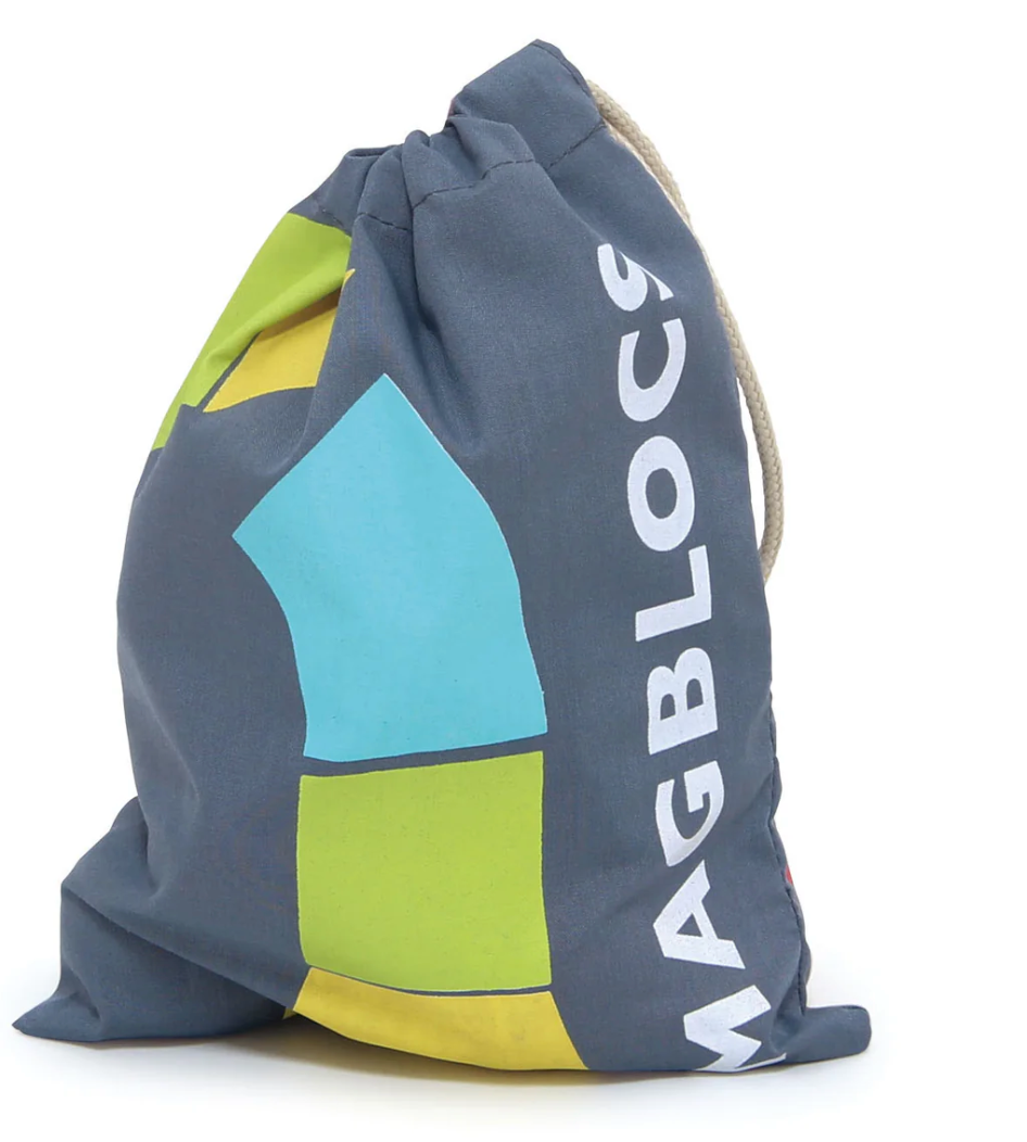 Drawstring bag with colorful geometric shapes designed to hold Magblocs magnetic blocks securely for easy storage and travel