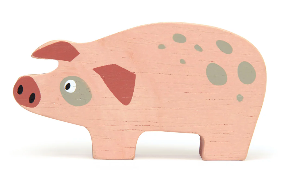 Smooth natural wooden pig toy with painted details, perfect for little hands and imaginative farm play.