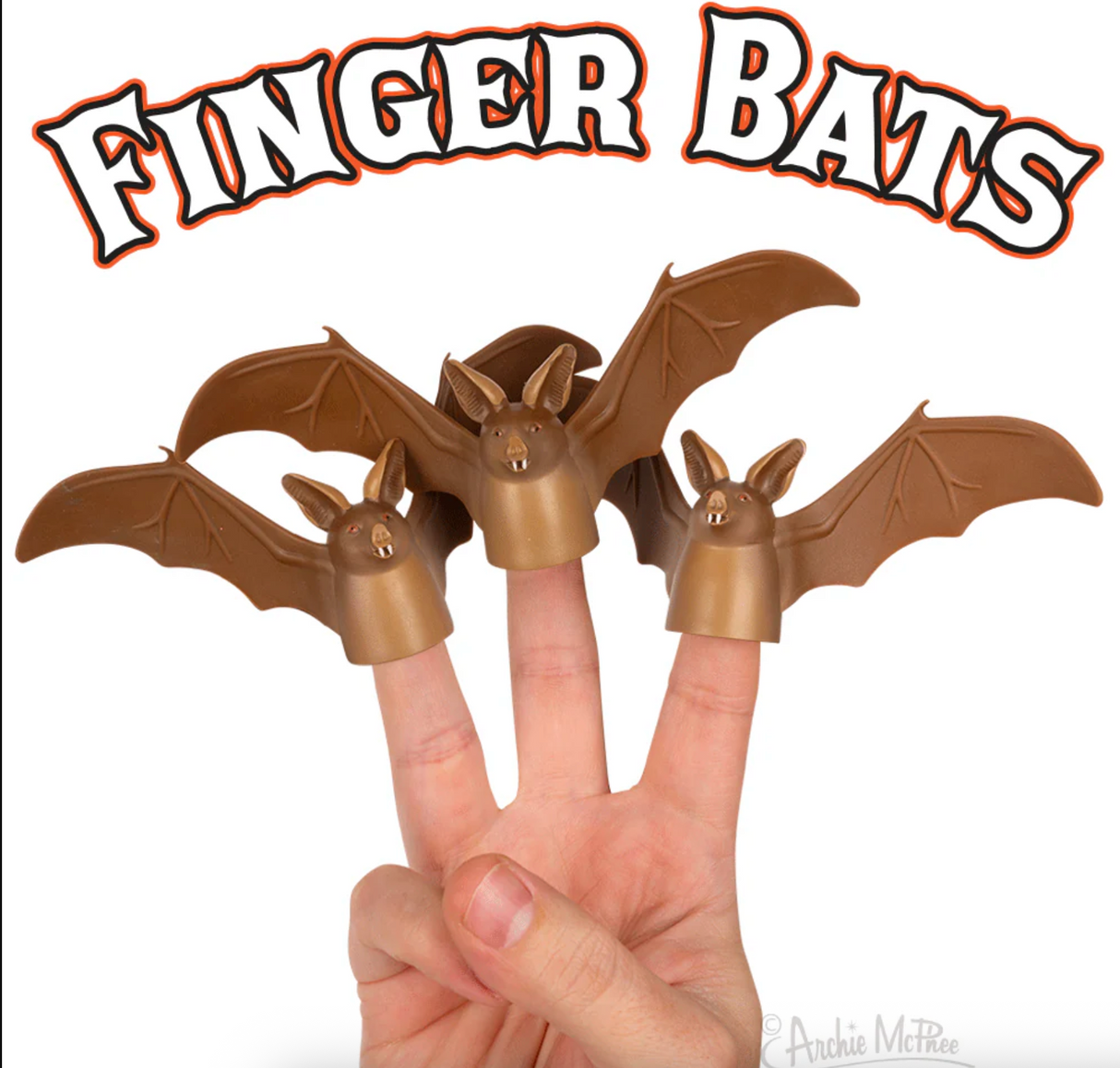 Three brown bat finger puppets worn on hand with spread wings and text Finger Bats above them