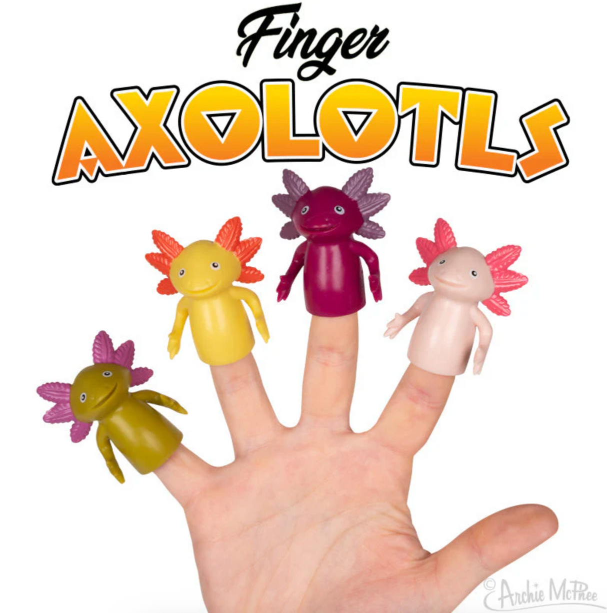 Four colorful soft vinyl axolotl finger puppets on a hand smiling with playful expressions and bright features