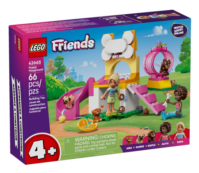 LEGO Friends Puppy Playground set with puppies, slides, ramps, and two mini-dolls for creative play and building fun