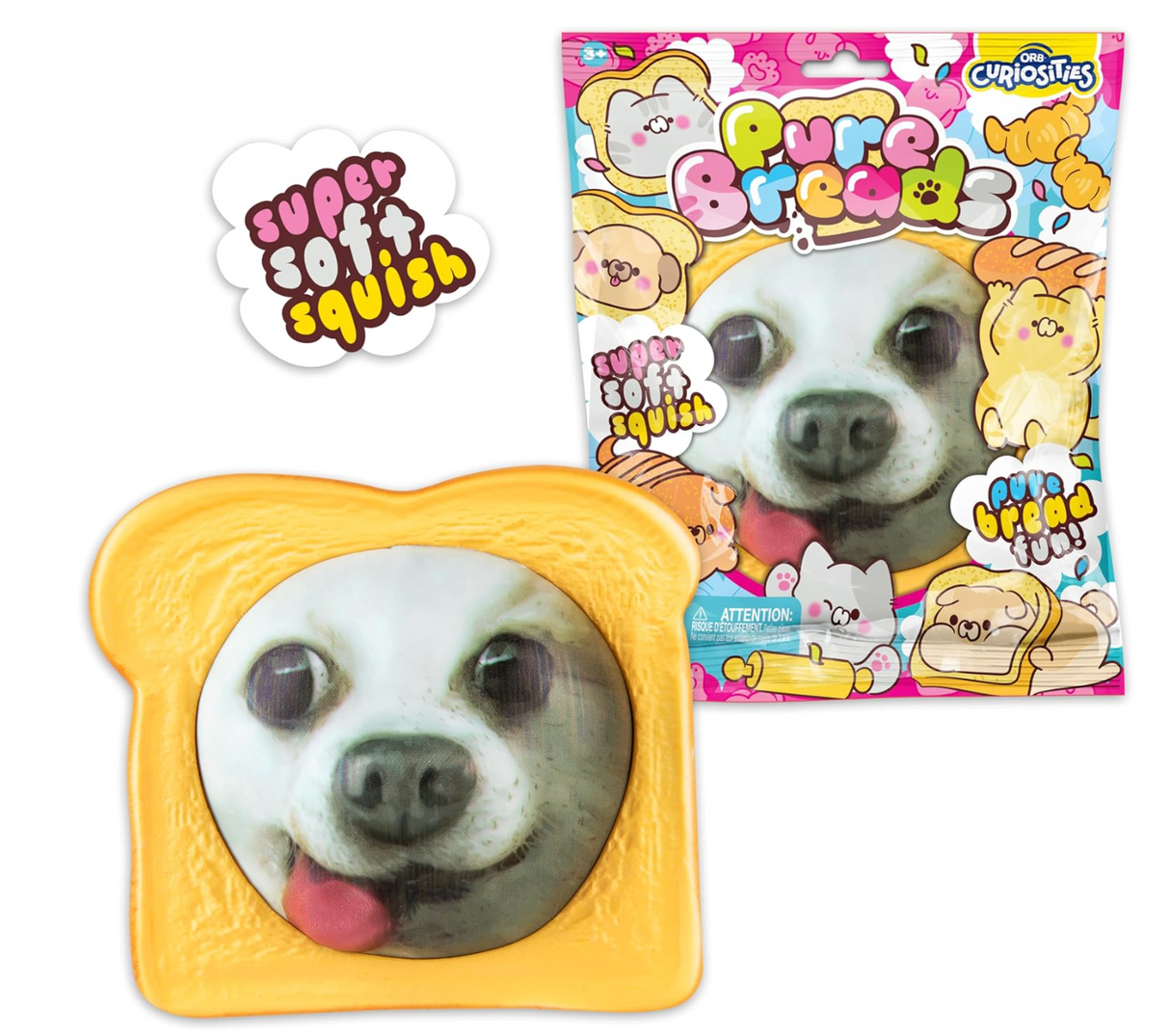 Slow rising squishy toy shaped like a dog face in toast with colorful Pure Bread Pets packaging in background