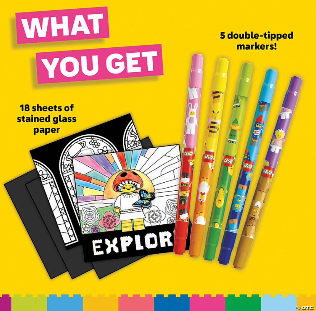 Coloring sheets featuring stained glass designs and five double-tipped markers with themed decorations on a yellow background
