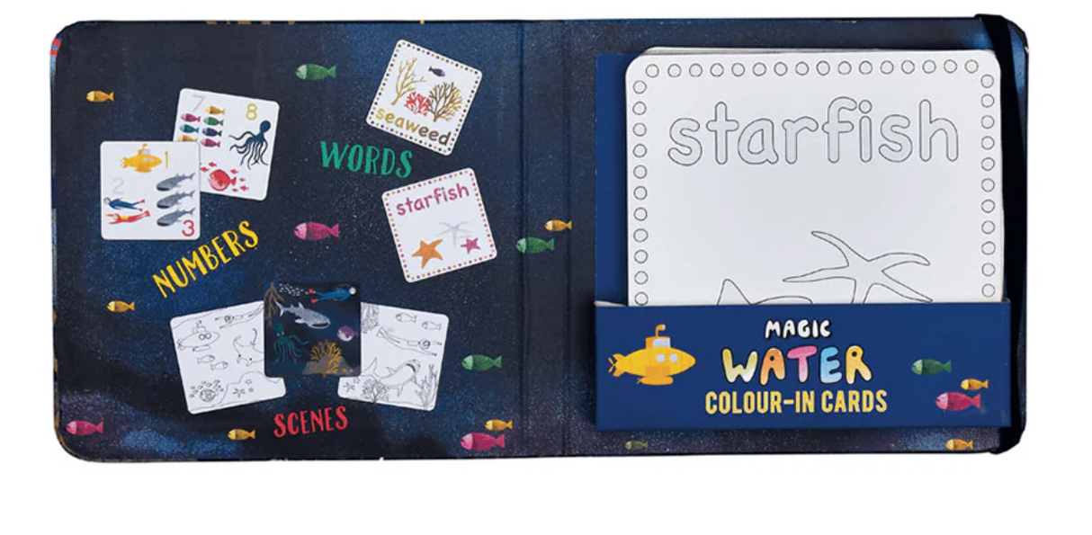 Open Magic Water Colour-in Cards set showing ocean-themed cards with numbers, words, scenes, and coloring pages for kids.