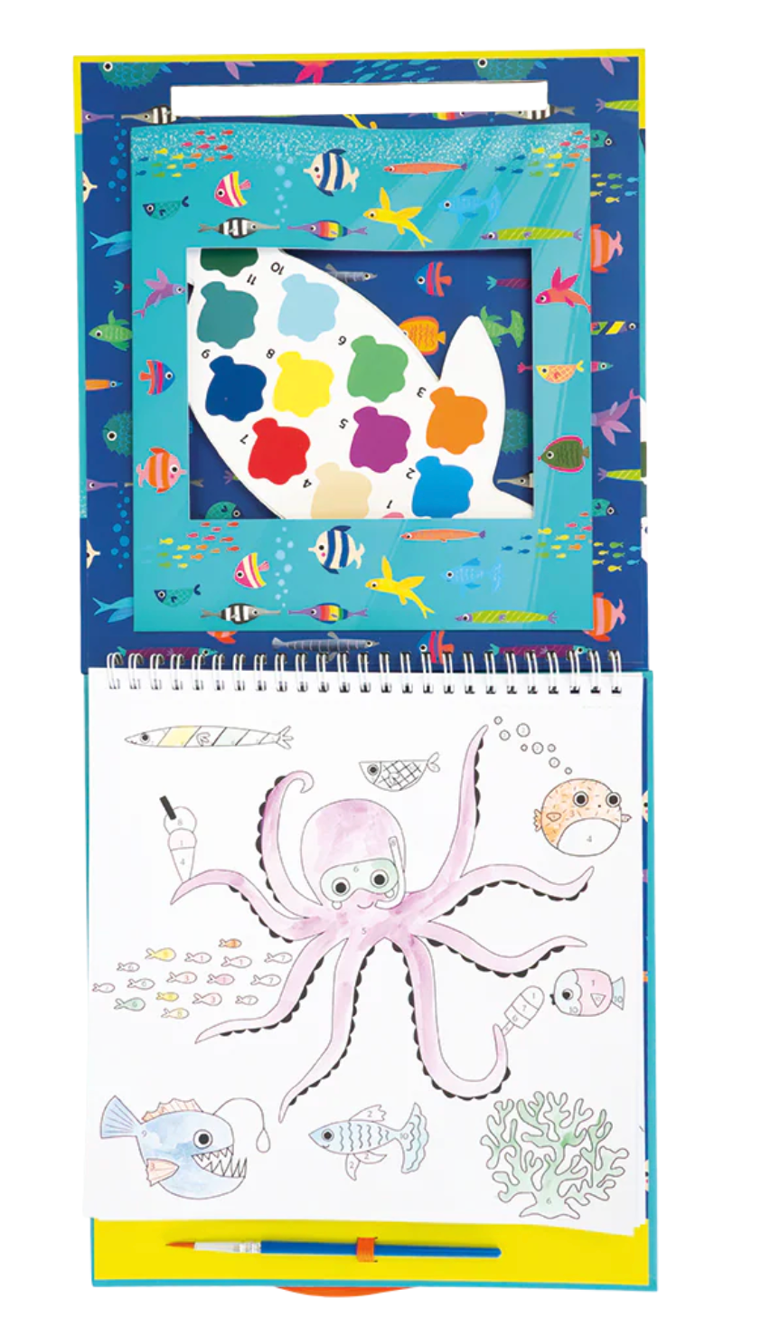 Open Paint by Numbers kit featuring ocean creatures, numbered paint palettes, and a paintbrush for creative fun.