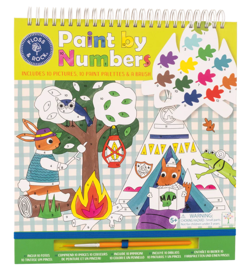Spiral bound Paint by Numbers kit with 10 adventure animal scenes, paint palettes, and brush for creative fun.