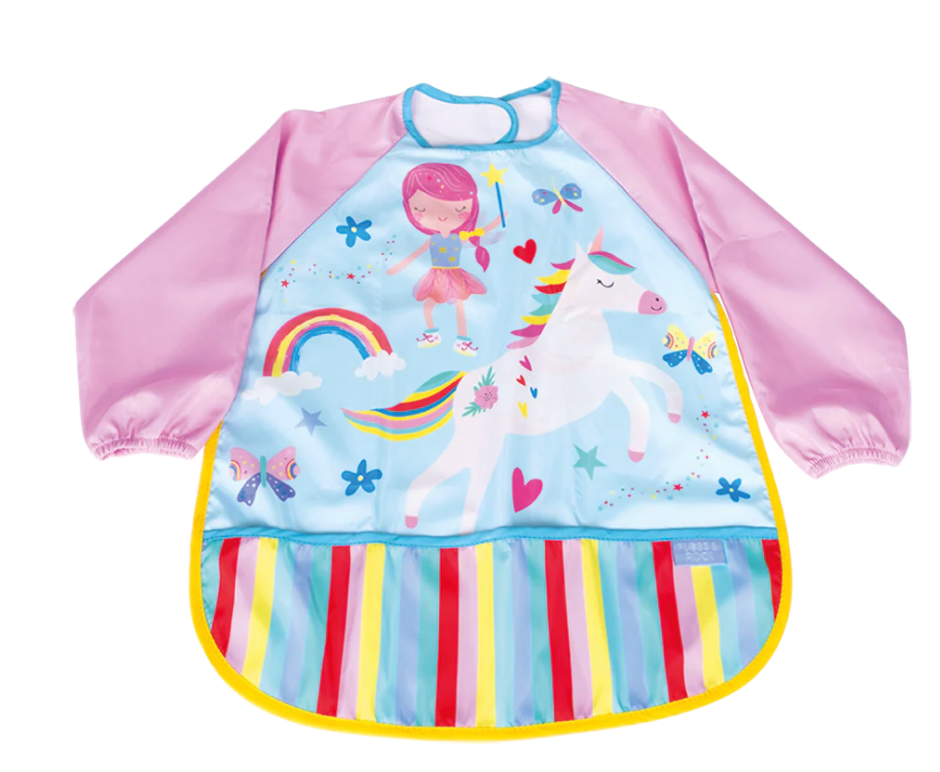 Child’s long-sleeve rainbow fairy apron with pocket, adjustable neck, and colorful unicorn and rainbow design