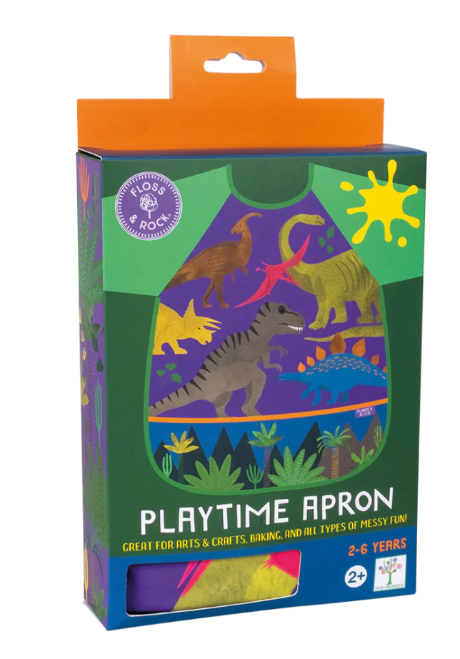 Colorful dinosaur-themed kids apron packaging designed for messy play, arts, crafts, and baking for ages 2 to 6 years
