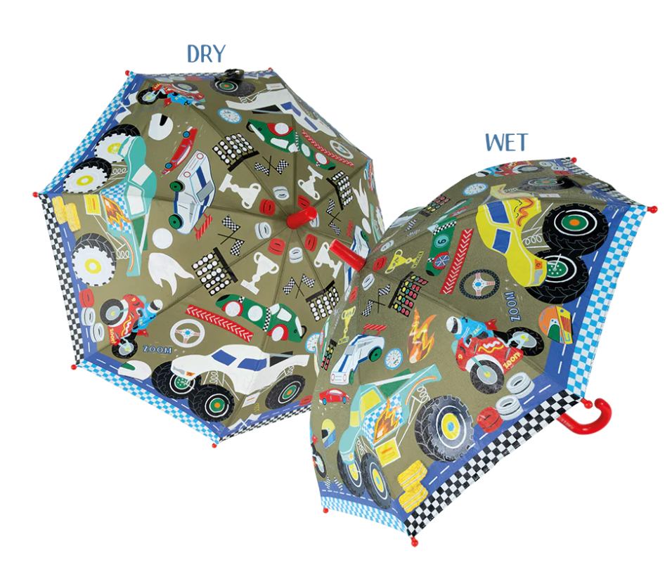 Children’s umbrella with race cars and trucks that changes from white to colorful in the rain and back when dry