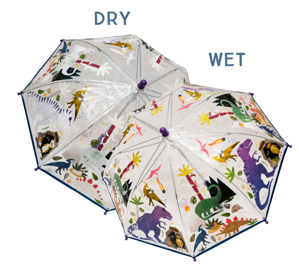 Transparent children's umbrella with dinosaur design that changes color when wet and reverts when dry