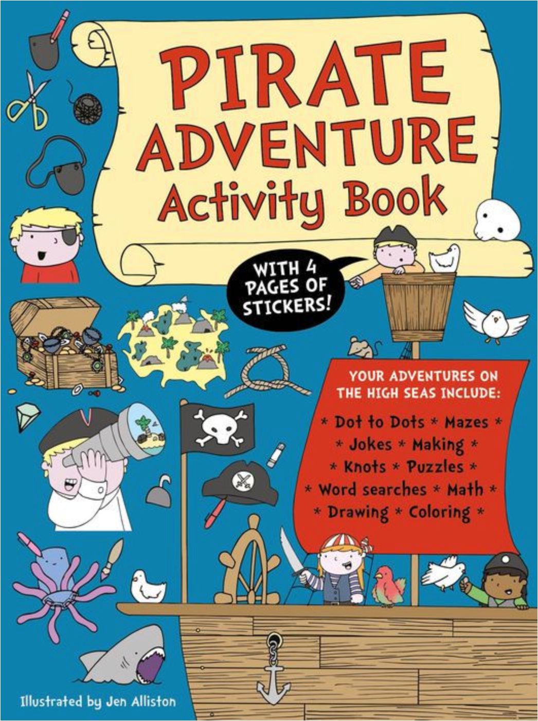Cover of pirate-themed activity book featuring kids, treasure chest, pirate ship, and fun adventure activities listed.