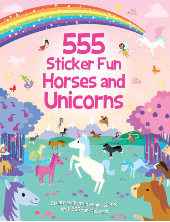 Children’s sticker activity book with colorful horses, unicorns, fairies, and a rainbow in an enchanted forest setting.