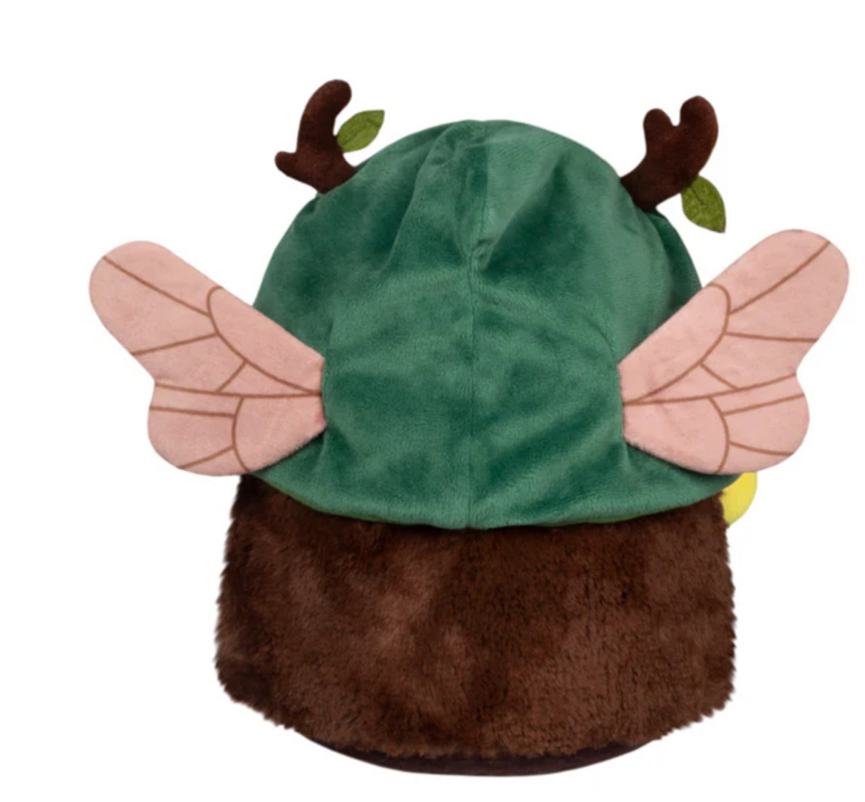 Soft plush fae hat with green top, brown fur trim, pink wings, and small antlers with leaves on each side