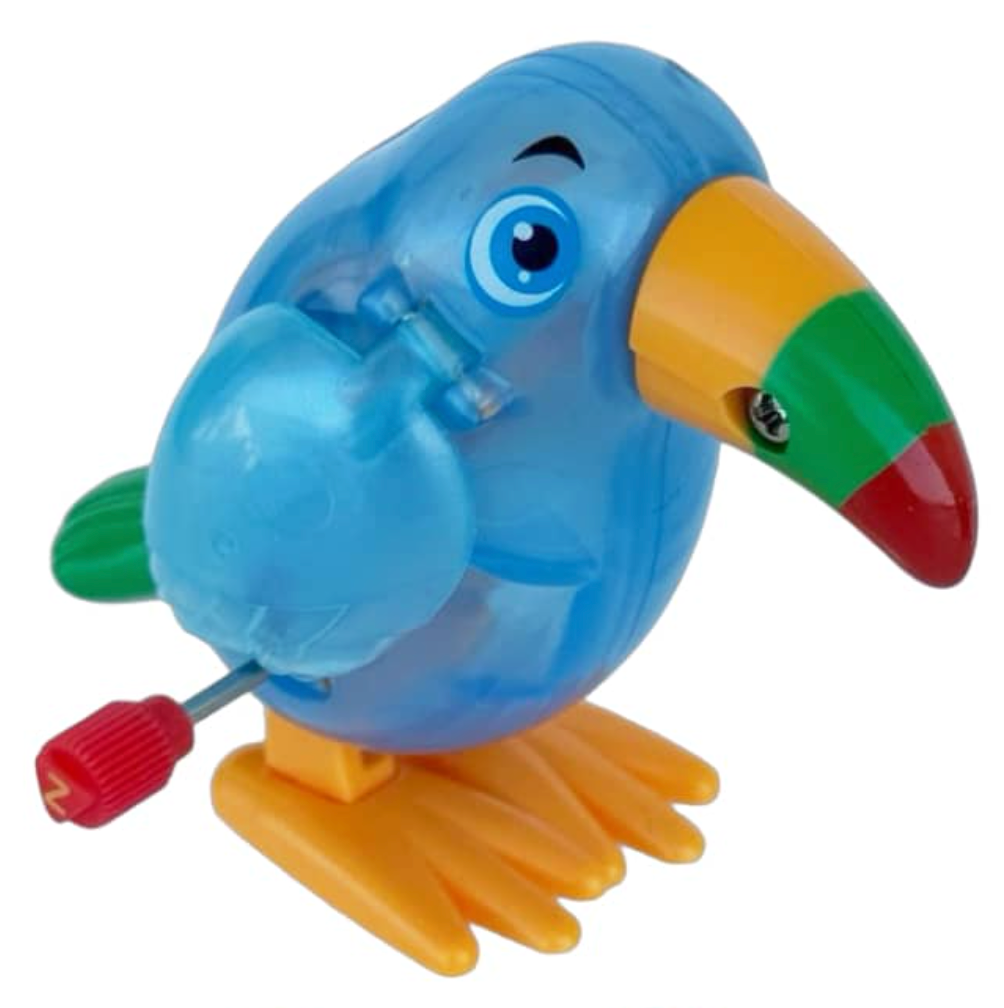 Colorful translucent blue wind-up toucan toy with shiny wings and multicolor beak standing on orange feet