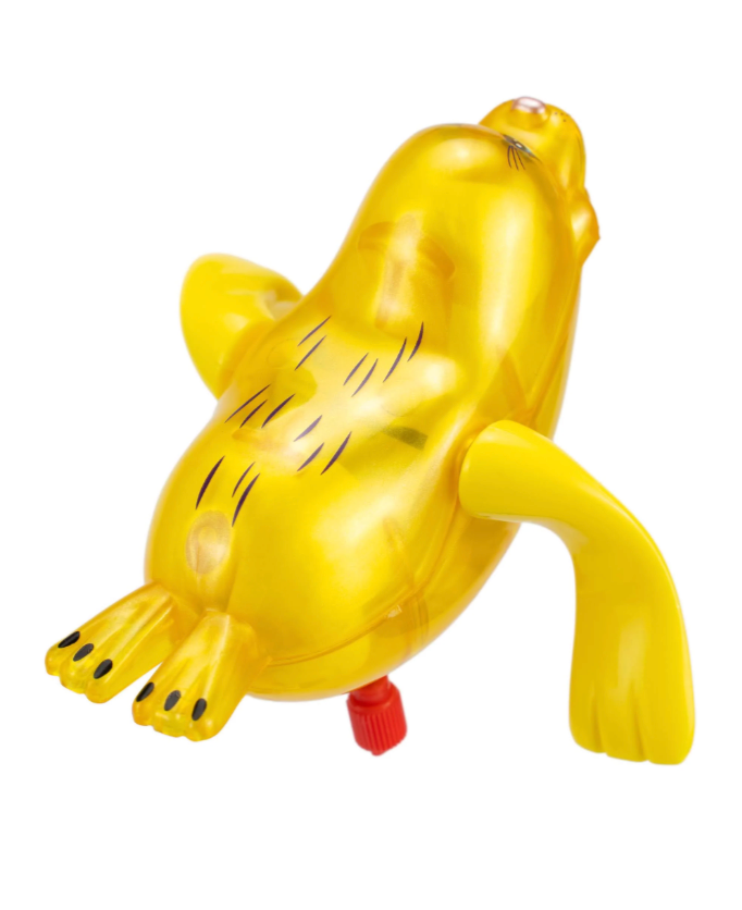 Yellow wind-up seal toy with black details designed to swim in water for bath or pool fun ages 3 and up