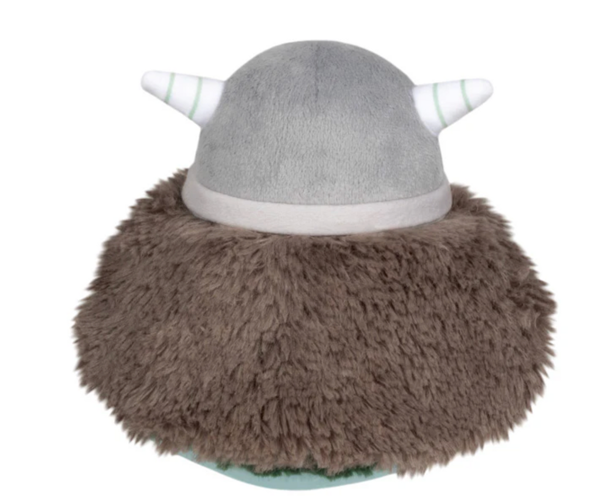 Plush toy of a ghostly warrior with a gray horned helmet and a fluffy brown cape, perfect for all ages.