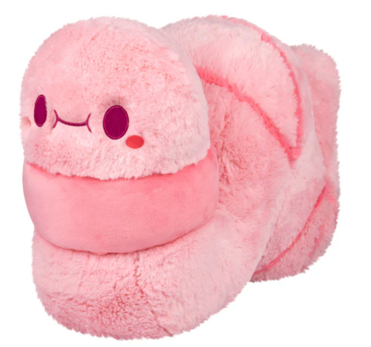 Soft pink plush worm toy with a friendly face, suitable for children ages 0 and up, measuring 7.5 by 21.5 by 12 inches.