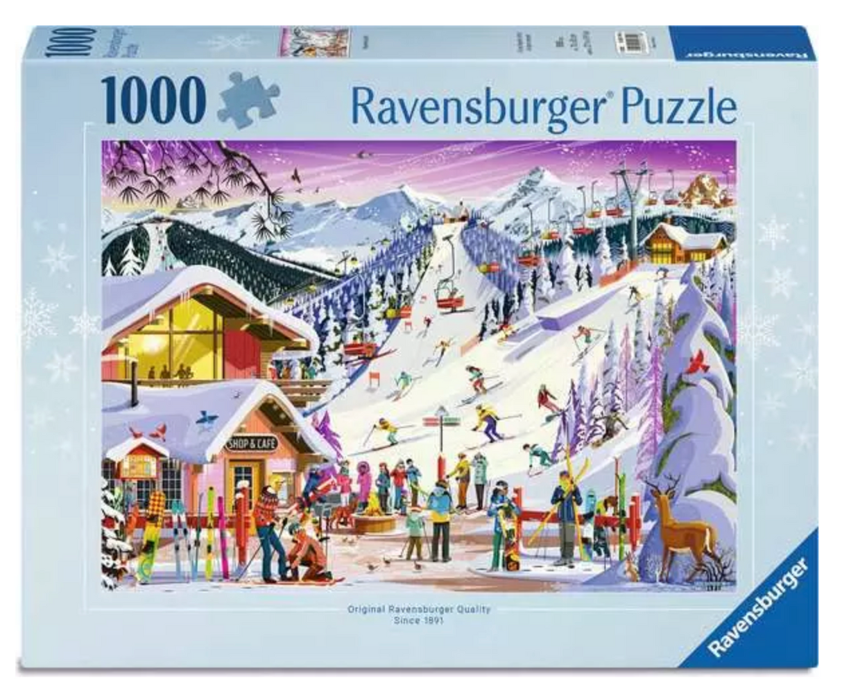 Colorful winter mountain scene with skiers, chairlift, lodge, and snow-covered trees in a 1000-piece puzzle box design