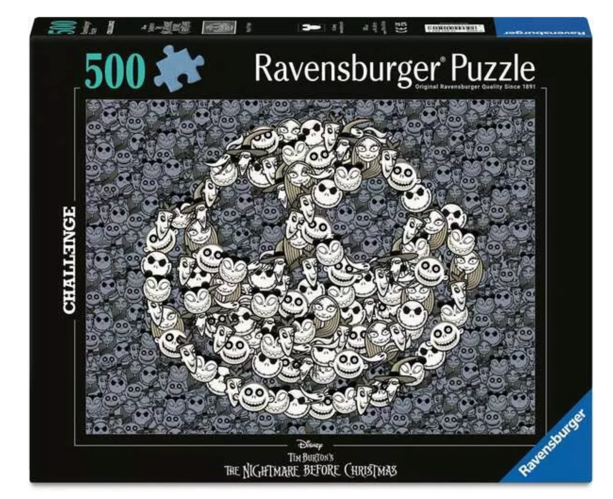 Ravensburger 500pc puzzle featuring a detailed monochrome design of Jack Skellington from The Nightmare Before Christmas.