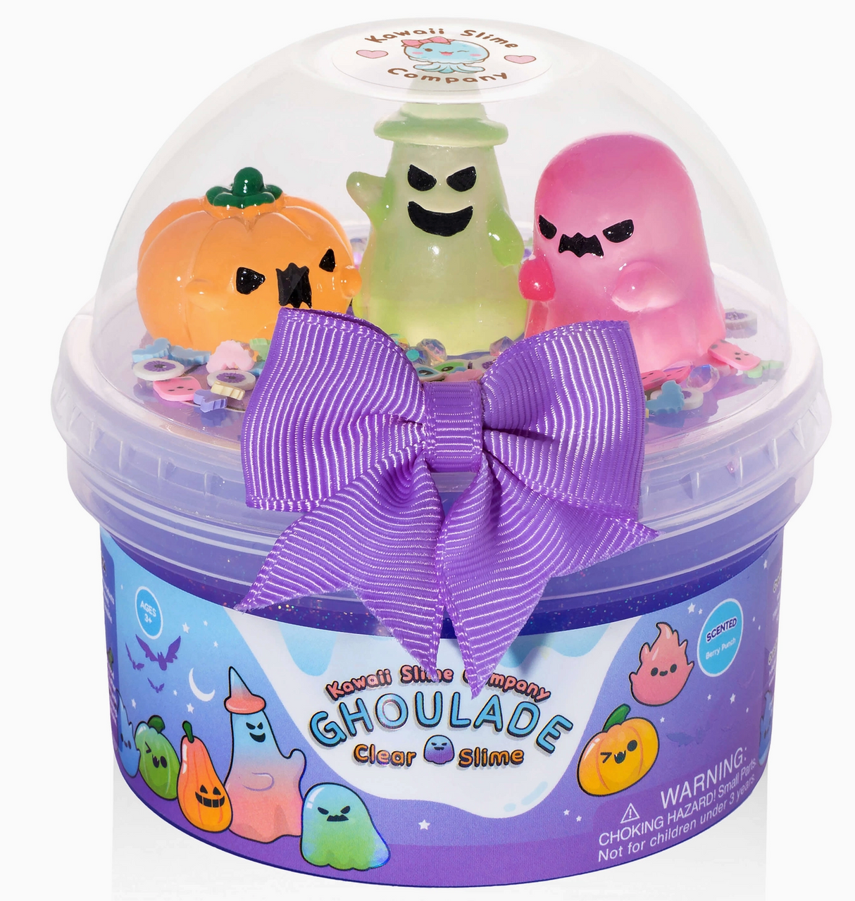 Clear purple slime with three spooky collectible charms and a large purple bow on the container lid.