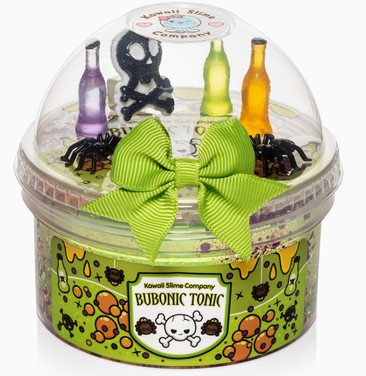 Clear green glitter slime in decorated container with spooky potion bottles and a bright green bow on the lid
