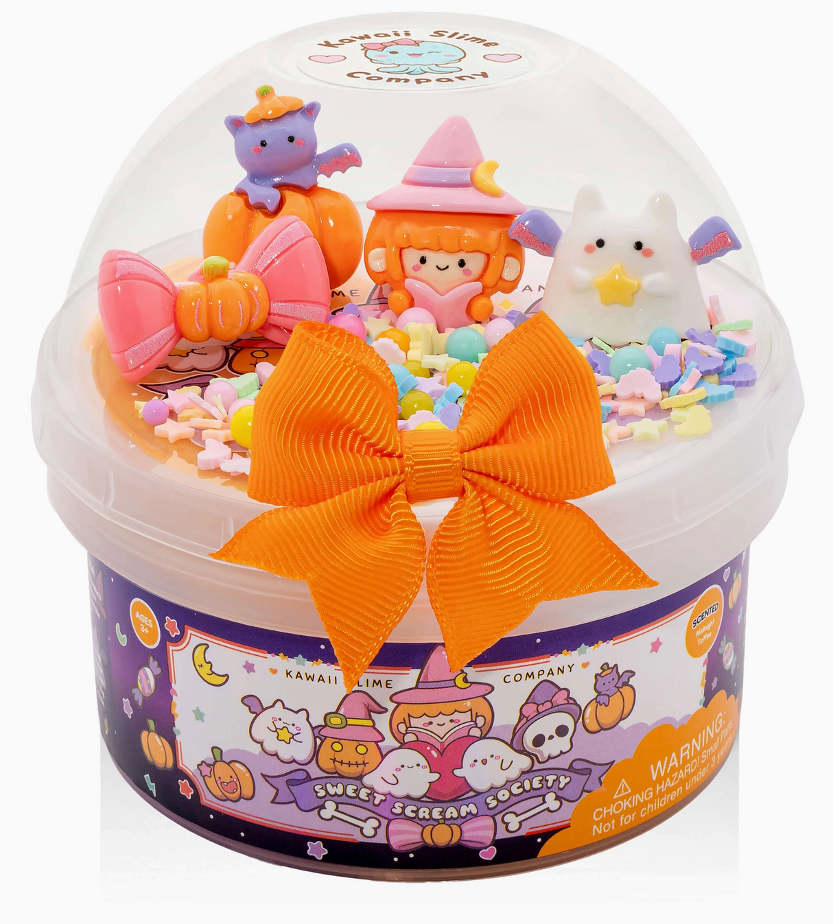 Halloween-themed slime with colorful sprinkles, cute charms, and a bright orange bow on the container lid