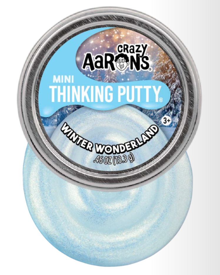 Mini Winter Wonderland Thinking Putty in a tin, shimmery light blue non-toxic silicone for ages 3 and up.