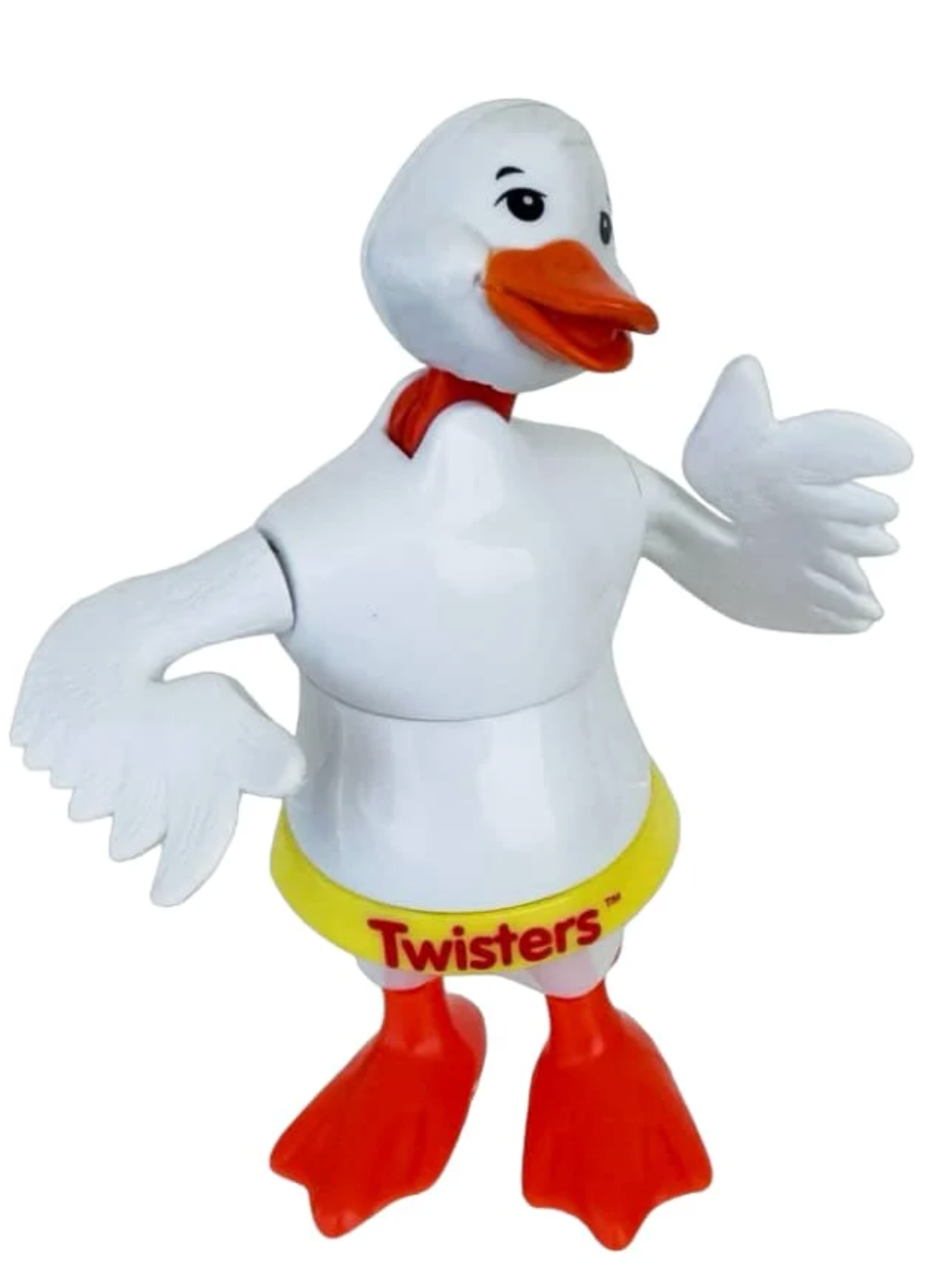 White duck wind-up toy with orange beak and feet twisting its body and flapping wings in playful dance pose