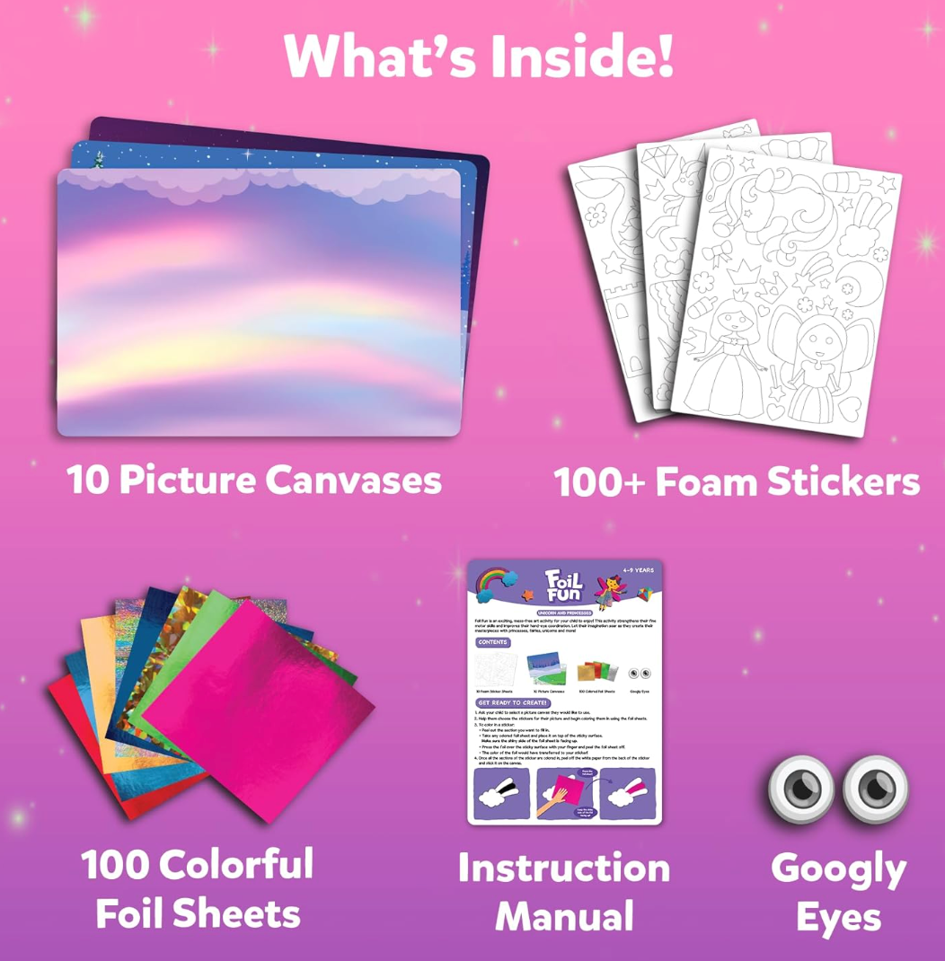 Foil Fun activity kit contents including picture canvases, foam stickers, colorful foil sheets, instruction manual, and googly eyes on pink background