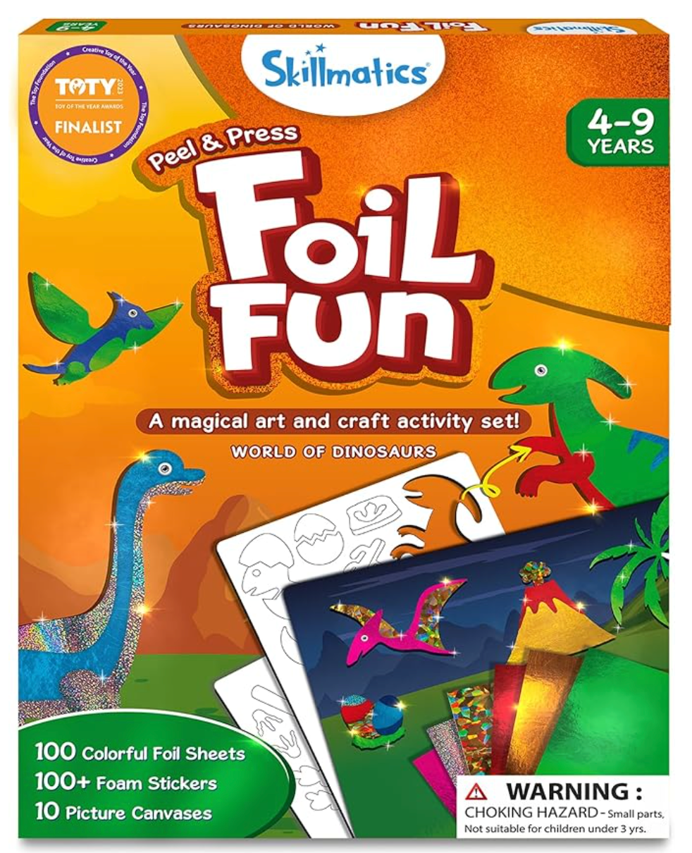 Foil Fun art set for kids with dinosaur-themed canvases, colorful foil sheets, and foam stickers for creative crafting fun.