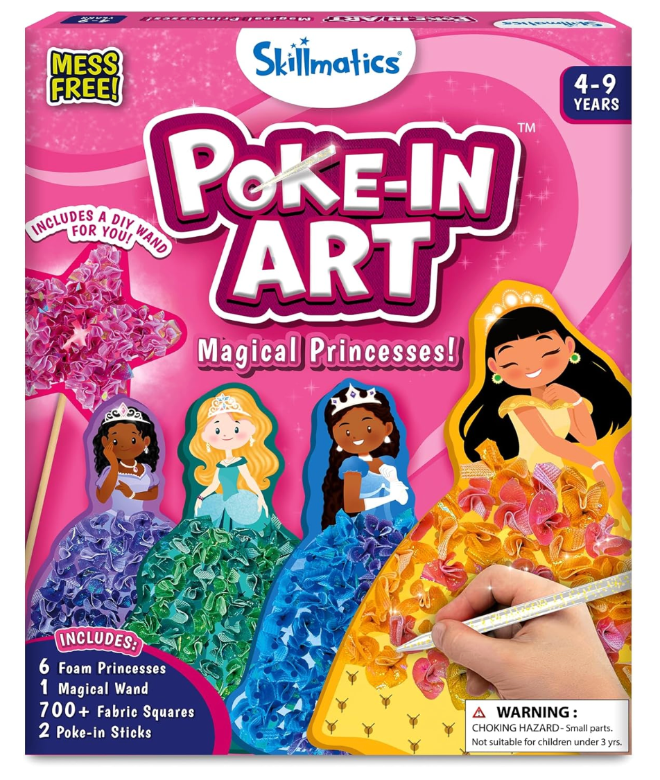 Colorful Poke-In Art craft kit with six princesses, fabric squares, wand, and tools for creative play ages 4 to 9 years