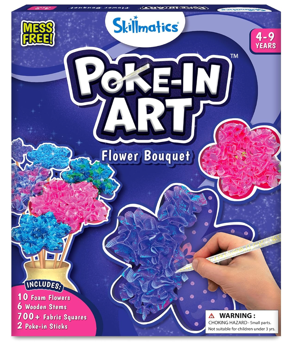 Poke In Art craft kit with foam flowers, fabric squares, wooden stems, and tools for kids aged 4 to 9 years old.