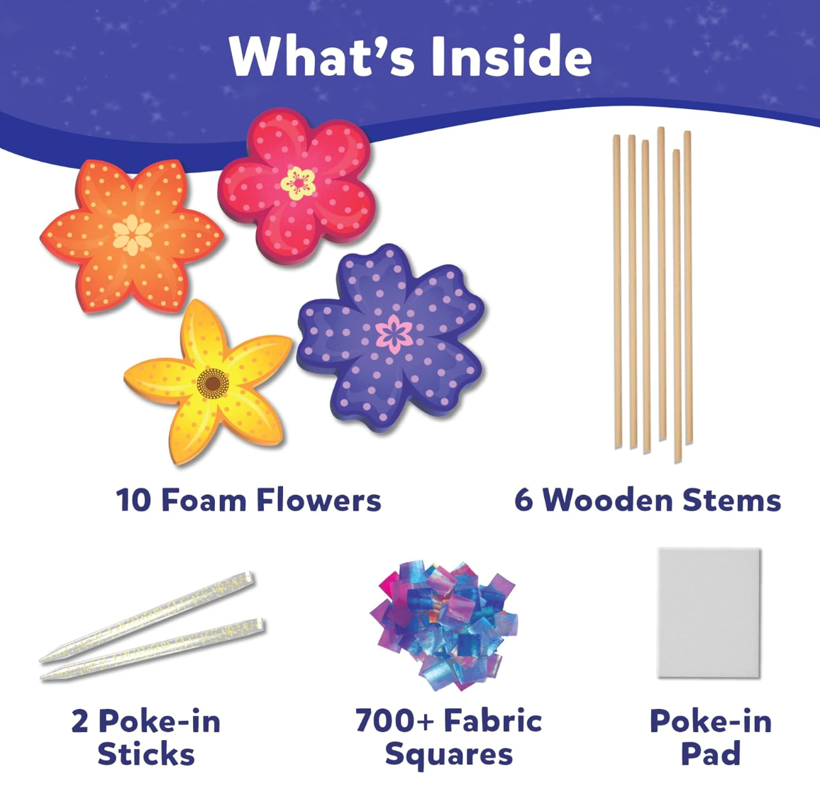 Contents of craft kit with foam flowers, wooden stems, poke-in sticks, fabric squares, and poke-in pad displayed on white background.