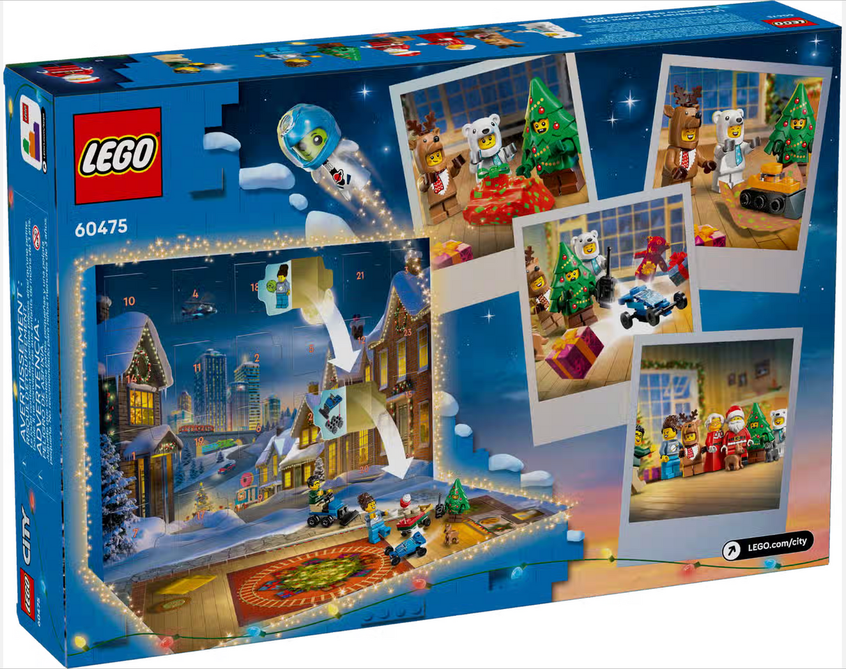 LEGO City Advent Calendar 2025 box showing festive mini builds with polar bear, reindeer, and holiday tree costumes plus a Christmas party playmat.