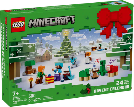 LEGO Minecraft Advent Calendar with 24 buildable gifts to create a winter-themed Minecraft village set for kids age 7 and up
