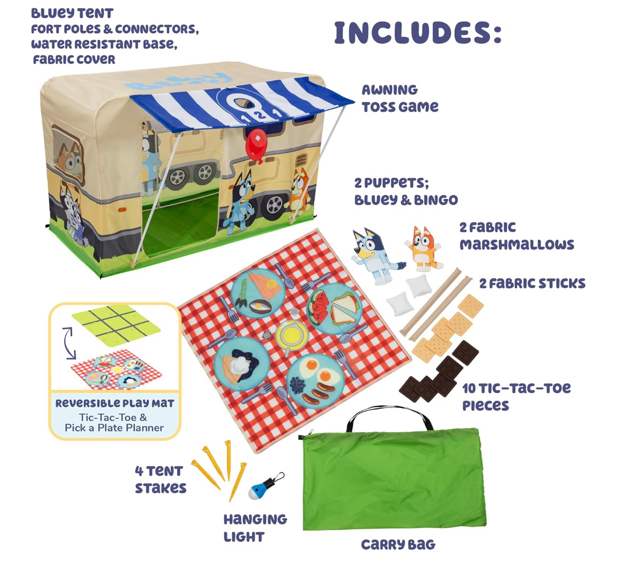 Children's blue and beige play tent with camping and game accessories including puppets, tic-tac-toe, and carry bag