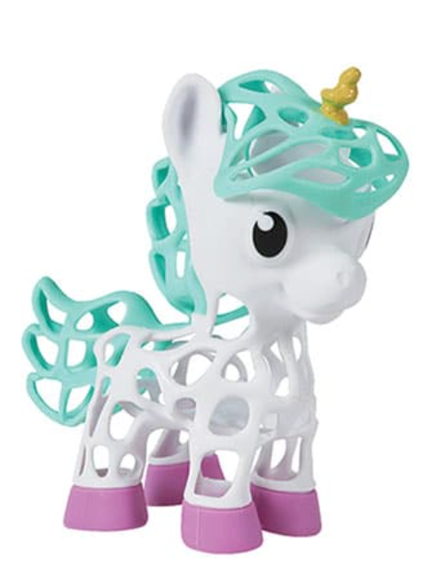 Soft white and mint green unicorn toy with a golden horn and purple feet designed for easy gripping by young children