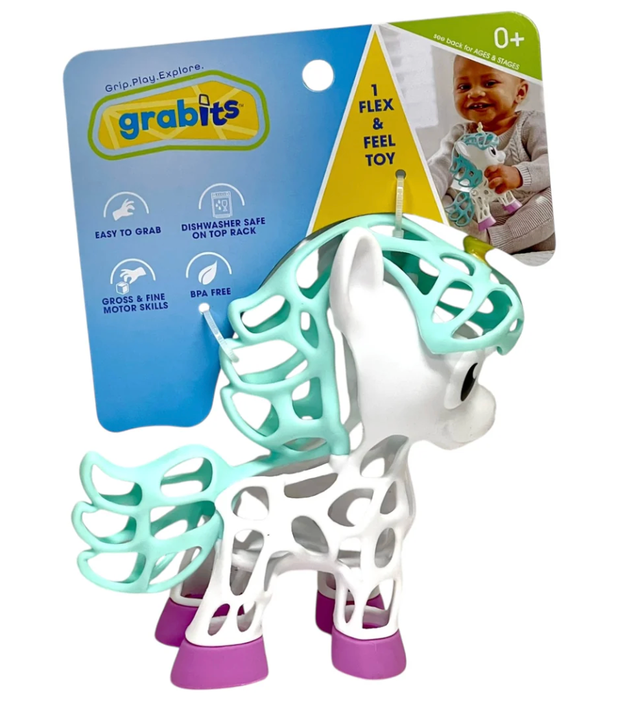 Unicorn-shaped easy-grip sensory toy for babies supporting motor skills and safe for dishwasher top rack cleaning