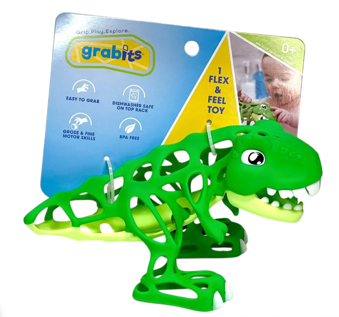 Green dinosaur-shaped flexible sensory toy designed for easy gripping and safe play for infants and toddlers