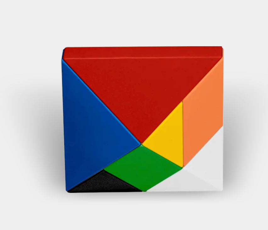 Colorful magnetic 3D puzzle pieces arranged in a square, perfect for creative tangram building and travel play.