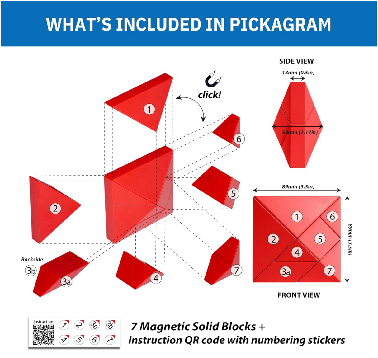 Red magnetic 3D puzzle blocks with numbering stickers and instruction QR code for creative assembly and display.
