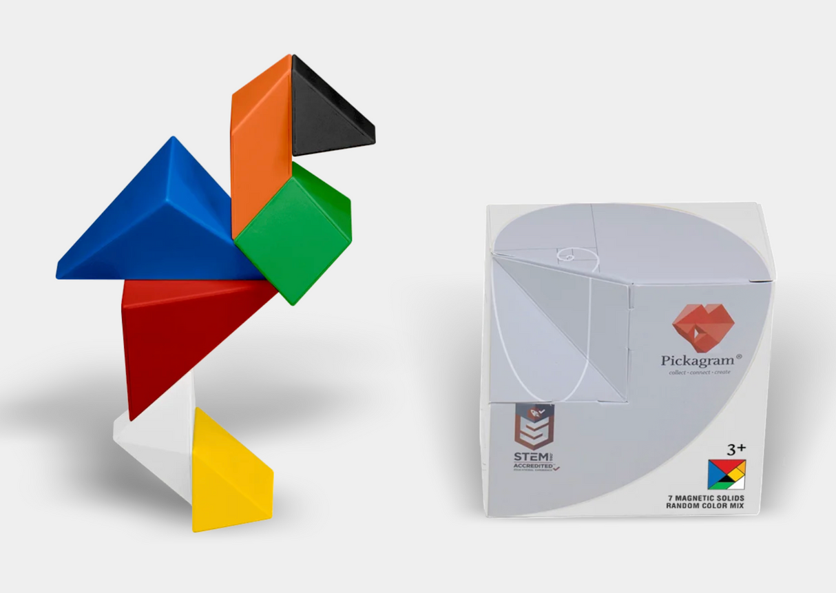 Colorful Pickagram magnetic 3D puzzle assembled into an abstract bird shape beside its packaging box.