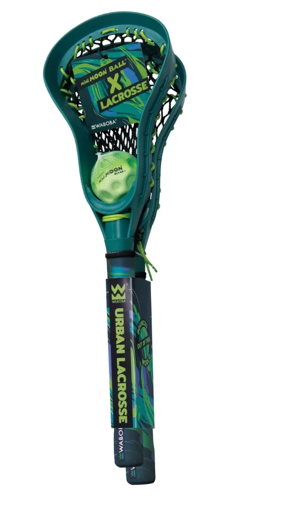 Green mini lacrosse stick with black netting and a neon green Moon Ball for street and playground play.