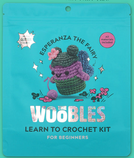Esperanza the Fairy crochet kit with glitter yarn, all materials included, beginner-friendly tutorial and supplies.