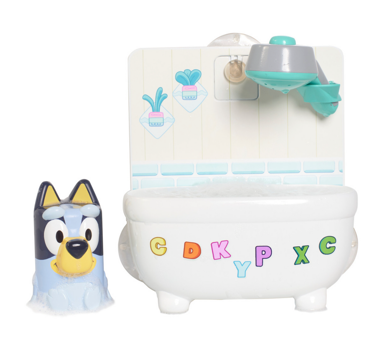 Interactive Bluey bath toy with bathtub, showerhead, and letters for fun and engaging bath play and learning.