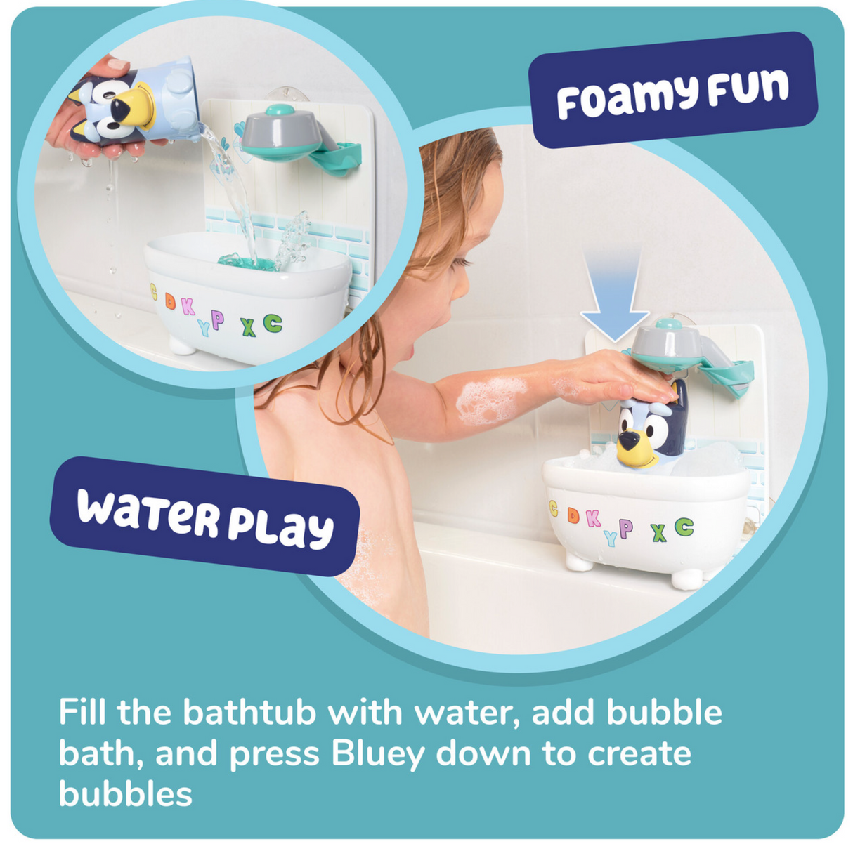 Child playing with Bluey bath toy filling the tub with water and creating bubbles by pressing down the figure