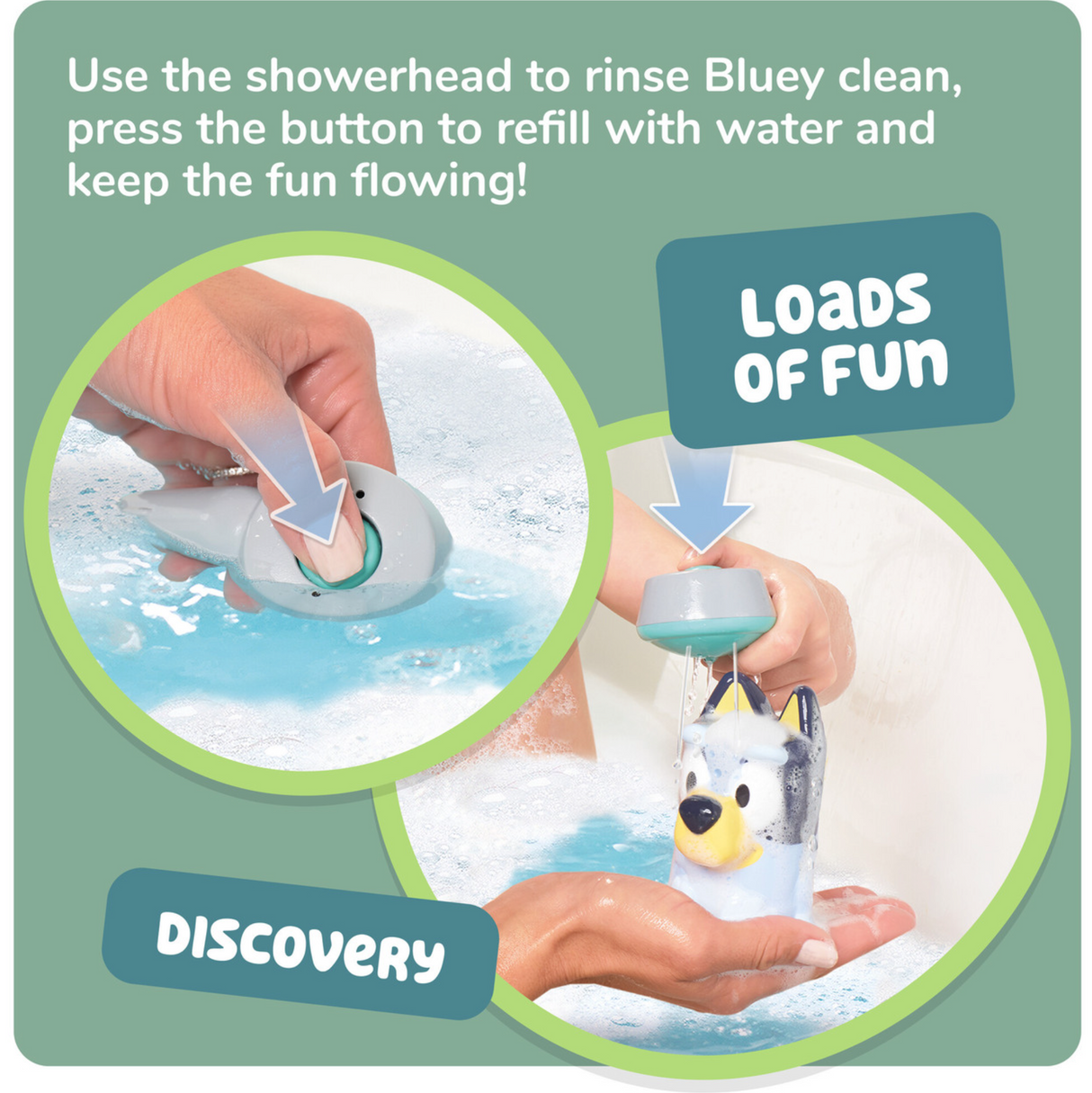 Child pressing button on Bluey showerhead toy to refill with water and rinse Bluey clean during bath play