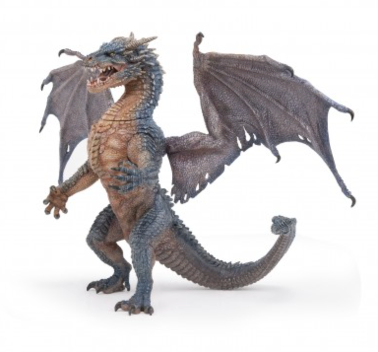 Detailed dragon figure with textured blue and brown scales, sharp claws, and large wings in a fierce pose.