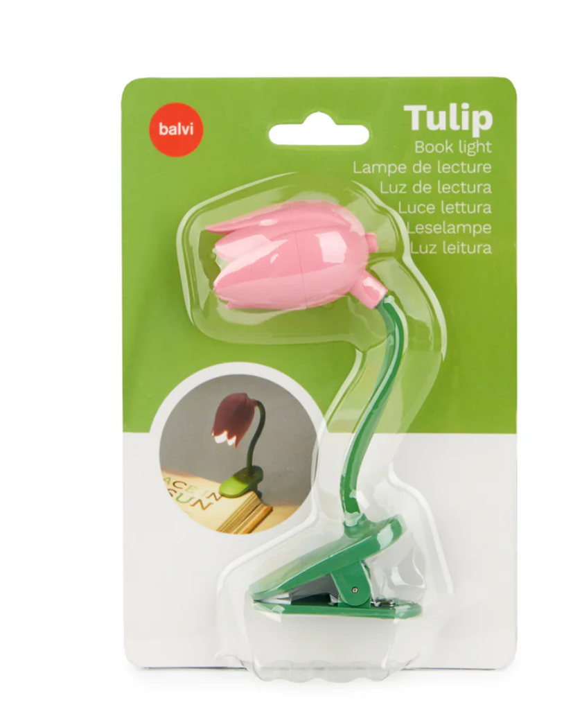 Miniature pink tulip-shaped book light with flexible green arm and clip, perfect for nighttime reading without disturbing others
