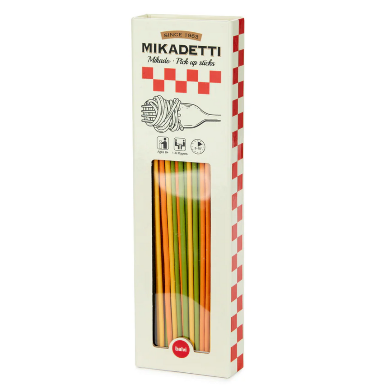Mikadetti Pickup Stick Game in pasta box packaging with colorful spaghetti-shaped sticks inside for a fun Italian twist.